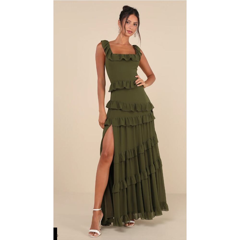 Lulus Olive Green Ruffled Tiered Compelling Romantic Maxi Dress Size L